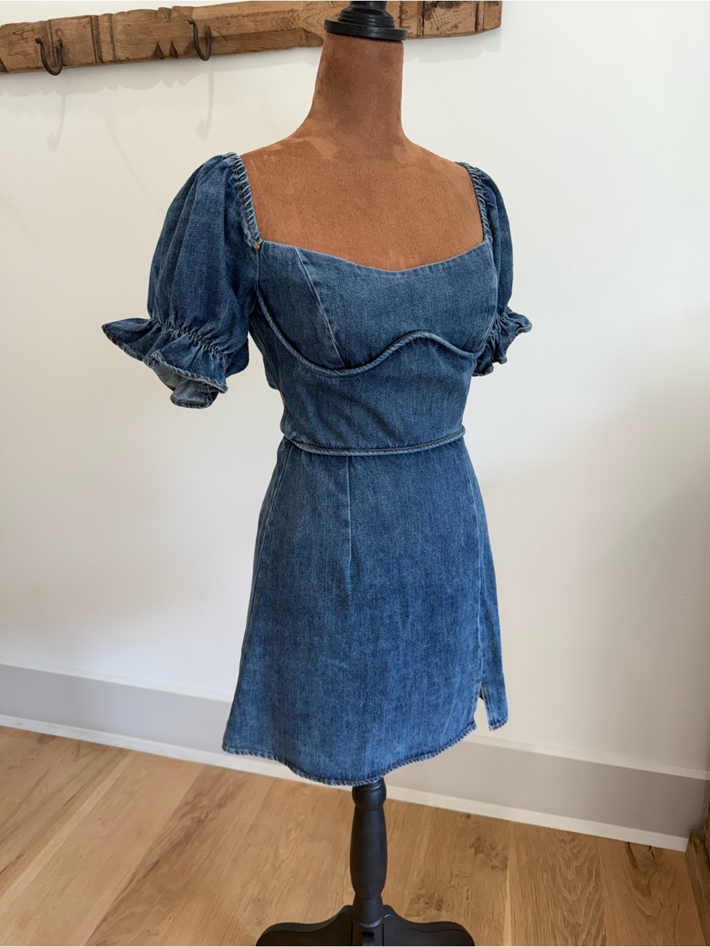 Olivaceous Blue Denim Puff-Sleeve Mini Dress